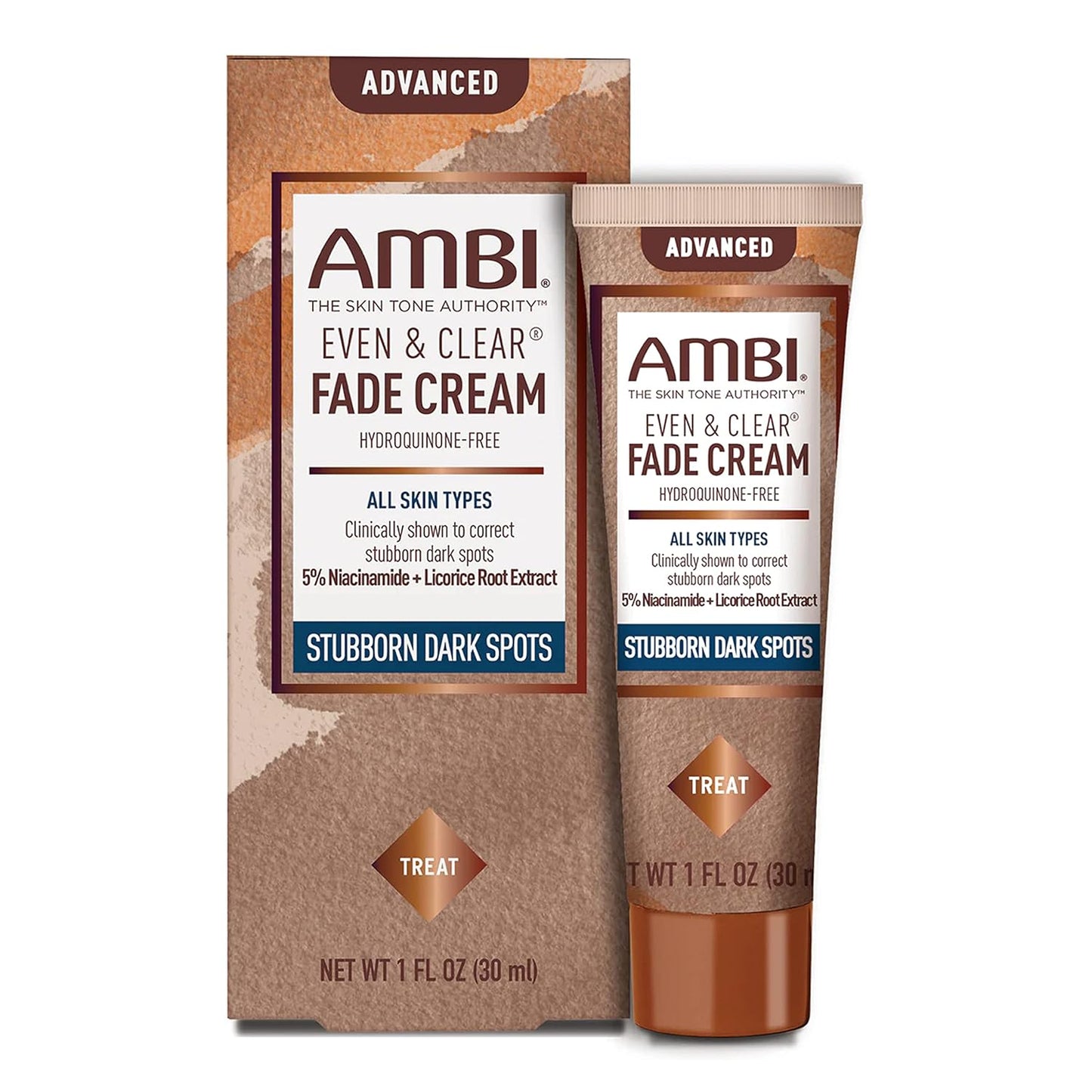 Ambi Even & Clear Advanced Fade Cream, Hydroquinone-free, Hyperpigmentation Treatment, Stubborn Dark Spot Corrector, Niacinamide, Licorice Root Extract, PHA, 1 Fl Oz