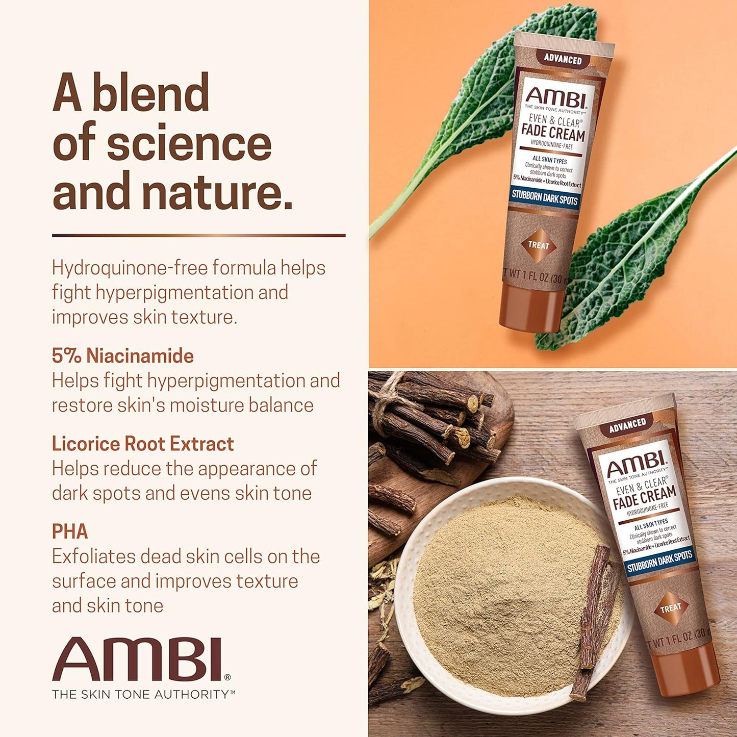 Ambi Even & Clear Advanced Fade Cream, Hydroquinone-free, Hyperpigmentation Treatment, Stubborn Dark Spot Corrector, Niacinamide, Licorice Root Extract, PHA, 1 Fl Oz