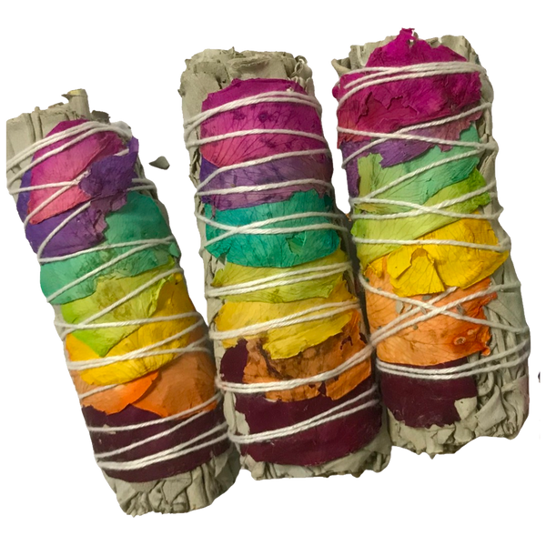 4" White Sage & 7 Chakra Rose Petals Smudge Stick 1-Stick